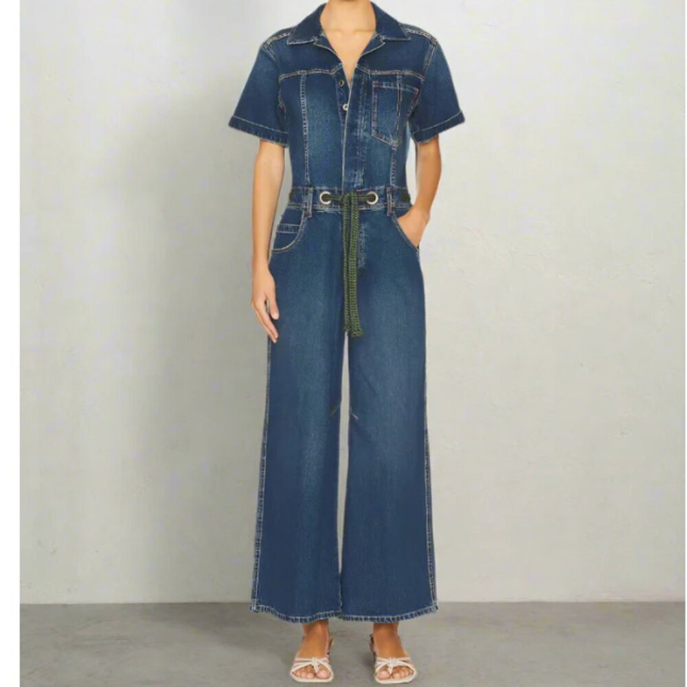 We The Free Edison Denim Jumpsuit Womens Large Blue Wide Leg Belted